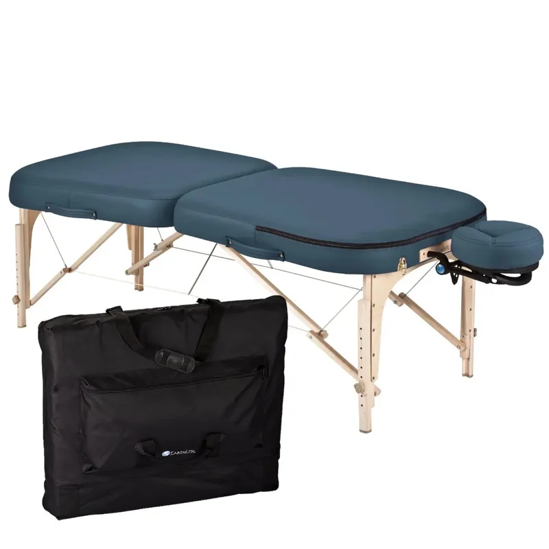 Earthlite Infinity Conforma — blauwe uitvoering met hoofdsteun en tas
